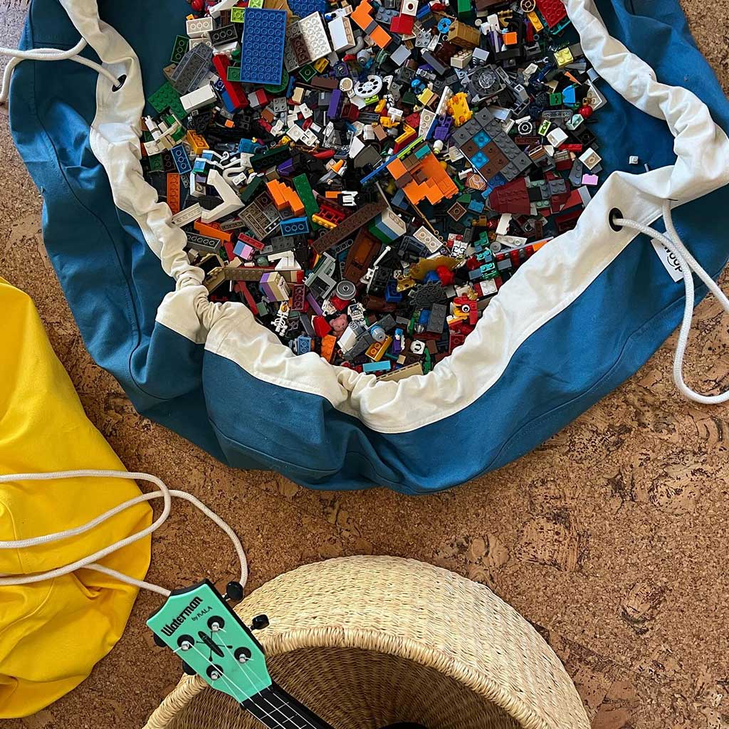 blue organic cotton canvas toy storage bag swoop