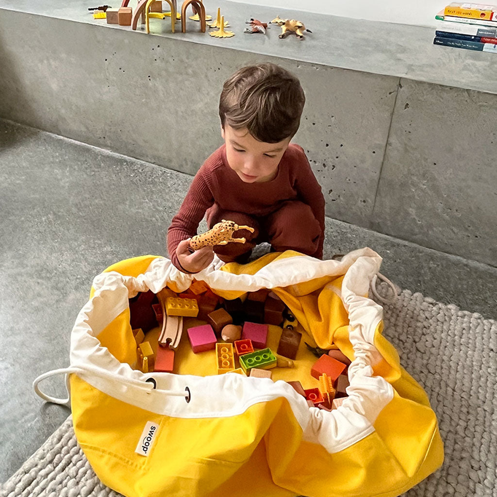 Yellow Canvas Cotton Toy Storage Drawstring Bag Ideal for Lego organization and cleanup 