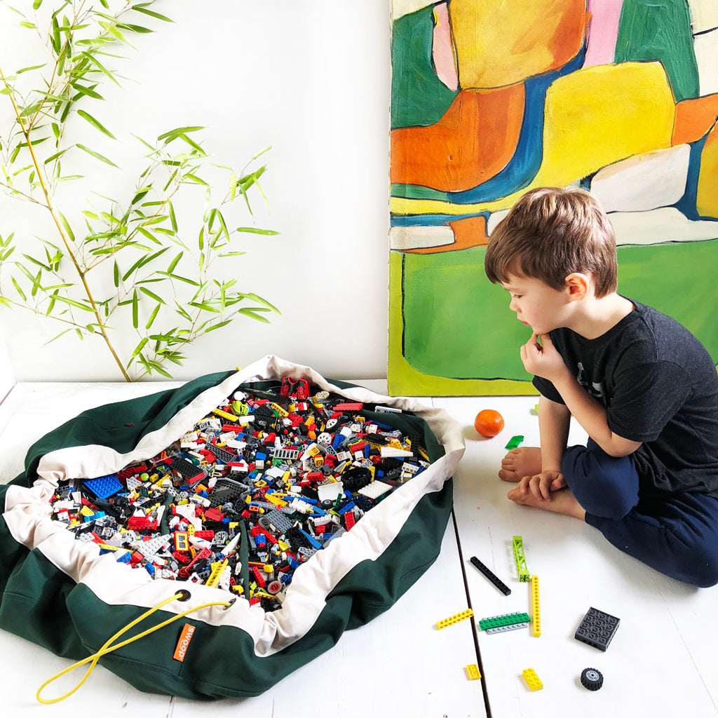 dark green lego storage bag and mat