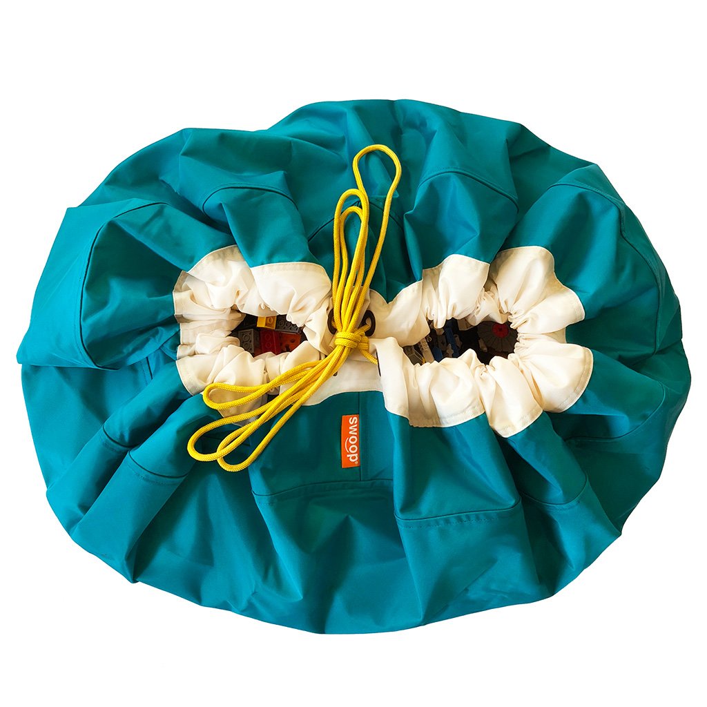 Teal Blue Swoop Toy Storage Bag Drawstring Cord Sack