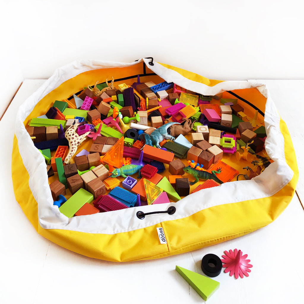 large yellow toy bag open 
