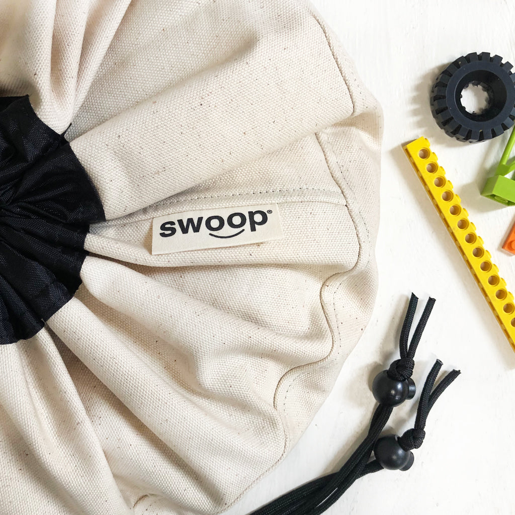 detail of canvas toy storage bag natural cream color