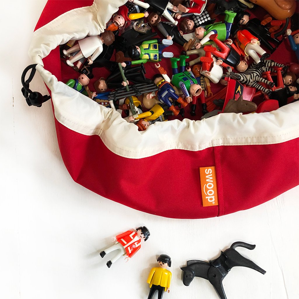 mini red swoop toy storage bag with Playmobil 